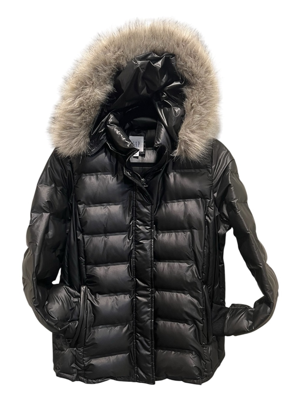 GAP Women's Black Faux-Fur Hooded Puffer Coat